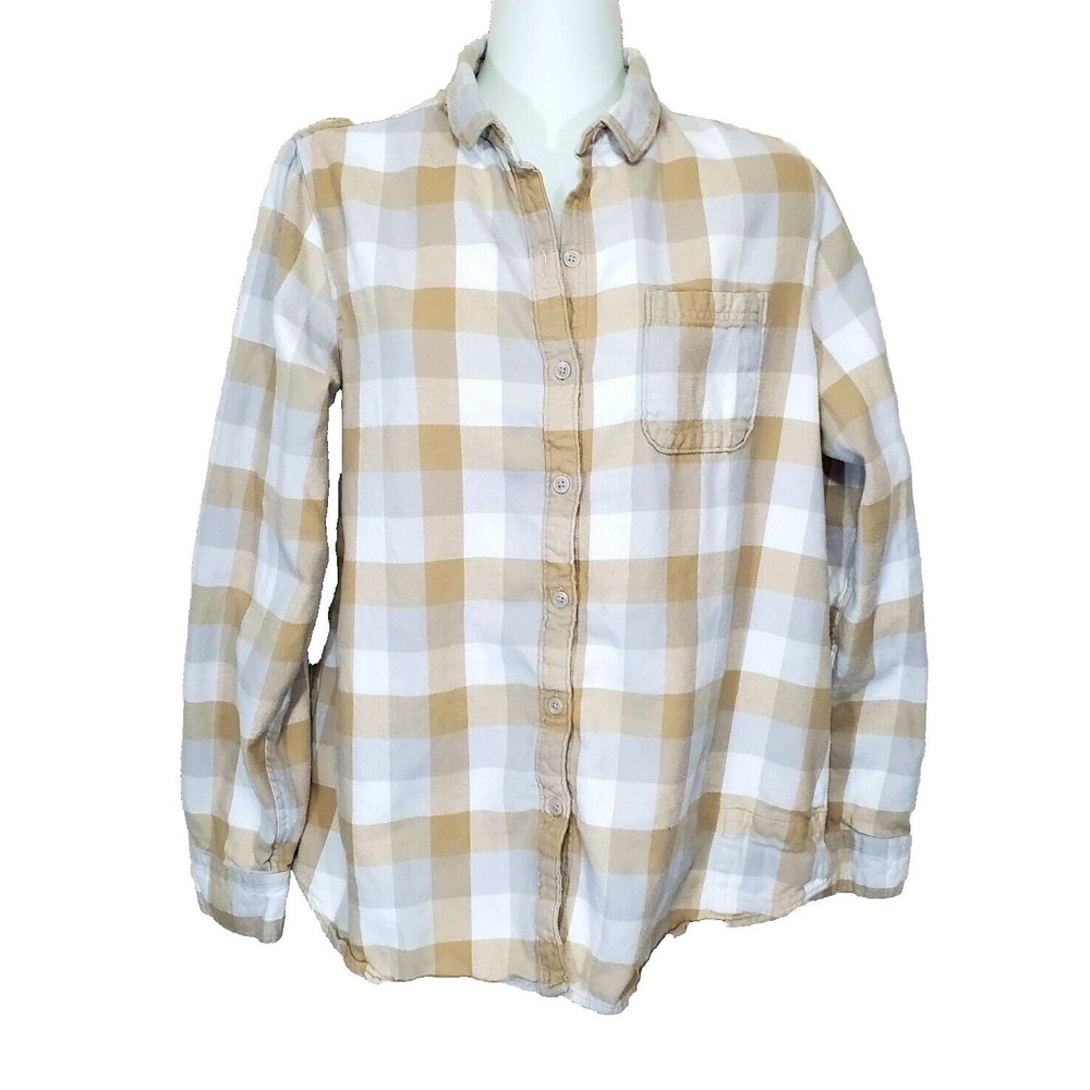 Woolrich Flannel Shirt Womens Medium Pemberton Plaid Beige White Button Front